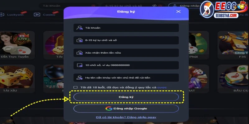 Biểu mẫu đăng ký chơi nổ hũ tại nhà cái EE88